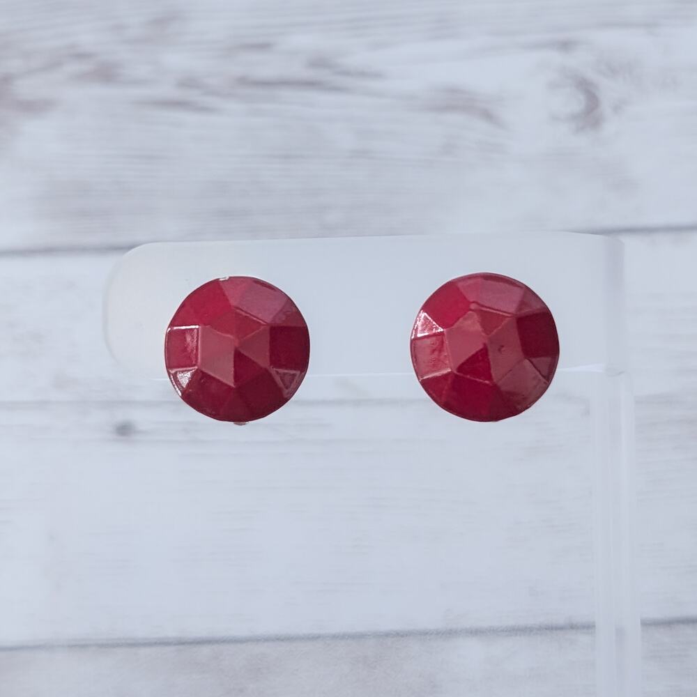 Vintage Clip On Earrings Faceted Dark Red Dainty 5/8"